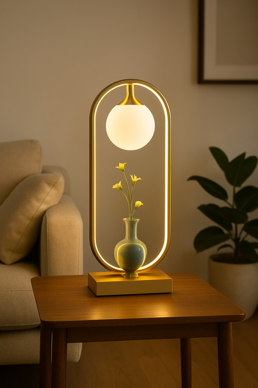 Modern Golden Globe Table Lamp – Minimalist Luxury Lighting with Integrated Vase