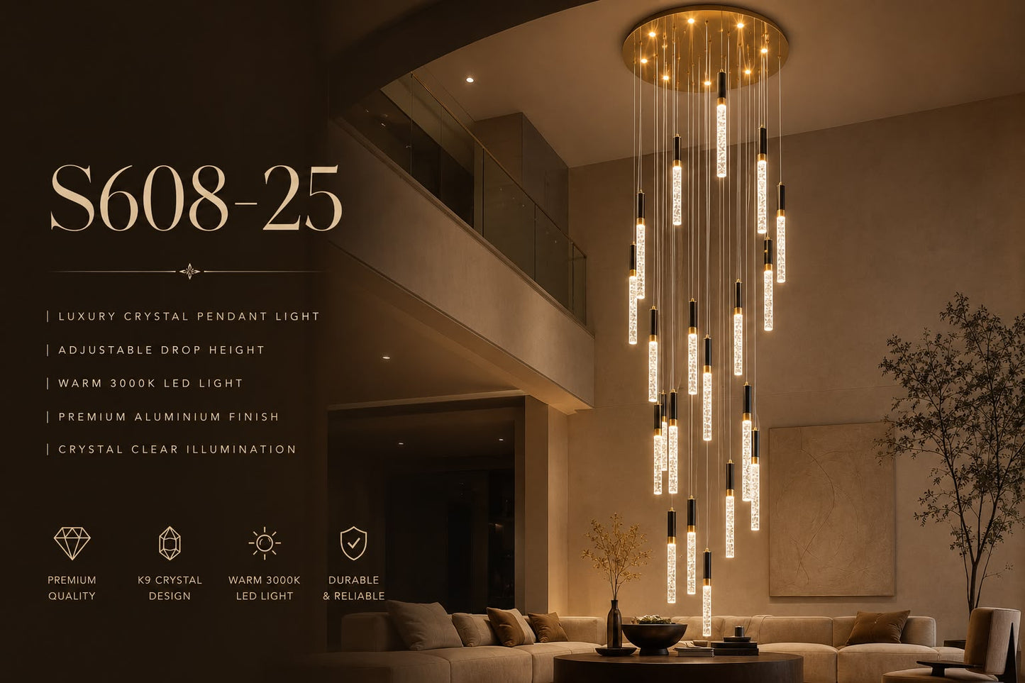 25 Light Gold Modern Crystal Raindrop Chandelier