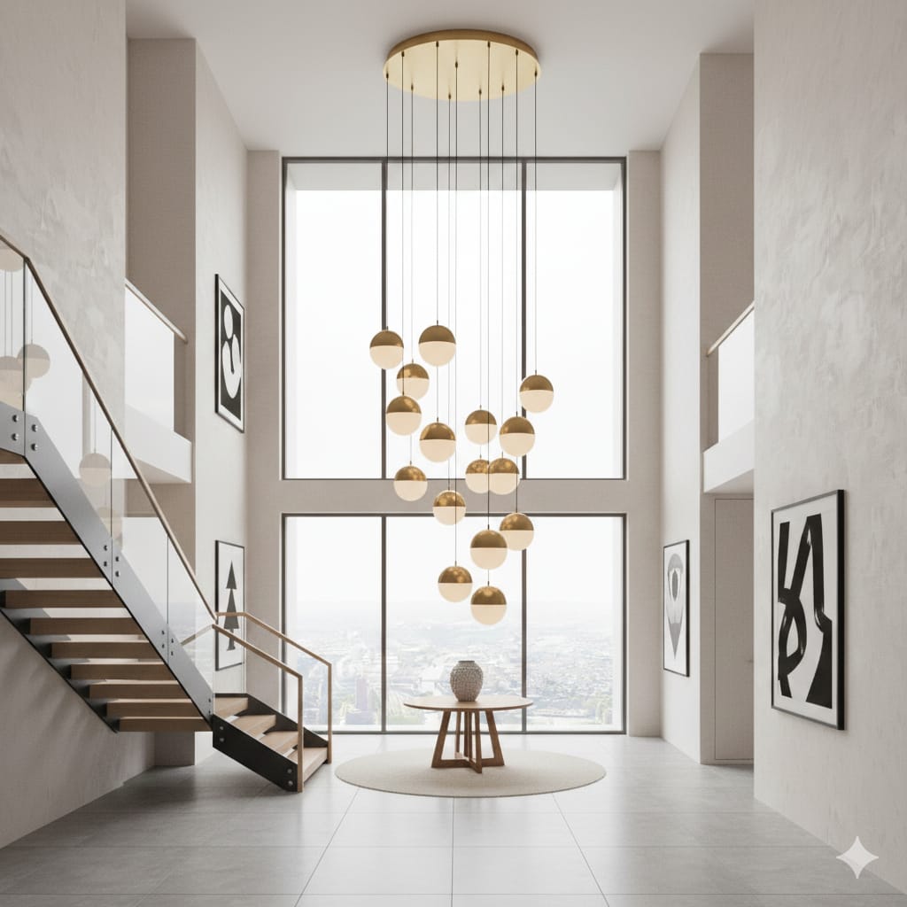 14-Lights Modern Gold & Frosted Globe Lobby Chandelier
